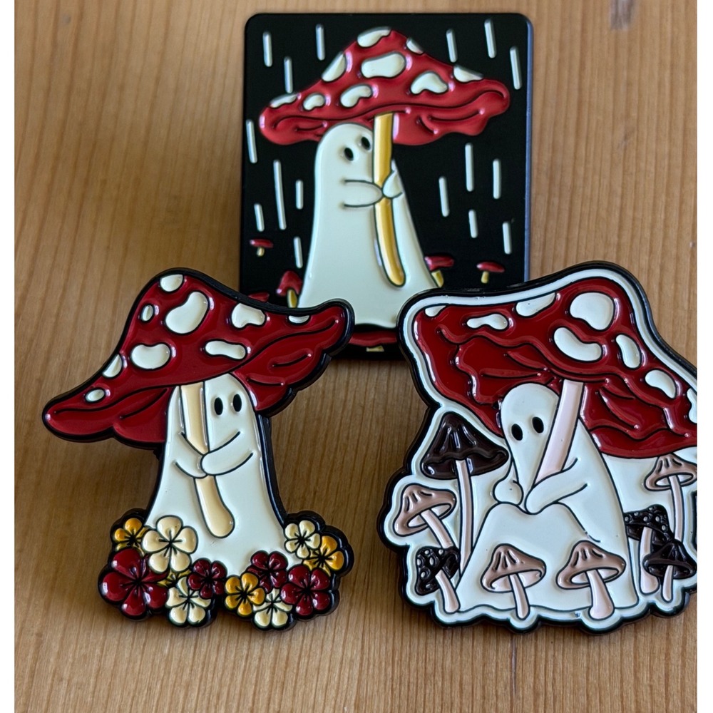 Ghost Mushroom Enamel Pin Set Spooky Cottagecore Lapel Pins 3 Piece Bundle